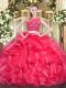 Floor Length Zipper 15 Quinceanera Dress Red for Military Ball and Sweet 16 and Quinceanera with Beading and Ruffles