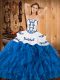 Sophisticated Blue And White Ball Gowns Strapless Sleeveless Satin and Organza Floor Length Lace Up Embroidery and Ruffles Sweet 16 Dress