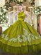 Sleeveless Satin and Tulle Floor Length Clasp Handle 15th Birthday Dress in Olive Green with Embroidery