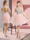 Baby Pink Empire Beading Prom Evening Gown Backless Lace Cap Sleeves Mini Length