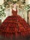 Pretty Rust Red Ball Gowns V-neck Sleeveless Organza Floor Length Zipper Beading and Ruffled Layers Quinceanera Dresses