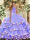 Flare Floor Length Backless 15 Quinceanera Dress Lavender for Military Ball and Sweet 16 and Quinceanera with Beading and Ruffled Layers