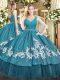 Teal Ball Gowns Tulle V-neck Sleeveless Beading and Appliques Floor Length Zipper Quinceanera Gown
