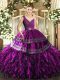 New Arrival Sleeveless Floor Length Beading and Ruffles and Ruching Backless Quinceanera Gowns with Purple