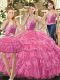 Super Hot Pink Lace Up Straps Beading and Ruffles and Pick Ups Quinceanera Gown Tulle Sleeveless