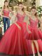 Coral Red Three Pieces Beading Quince Ball Gowns Lace Up Tulle Sleeveless Floor Length