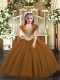 Brown Lace Up Straps Beading Pageant Gowns For Girls Tulle Sleeveless