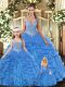Baby Blue Ball Gowns Beading and Ruffles Sweet 16 Quinceanera Dress Lace Up Tulle Sleeveless Floor Length