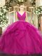 Lovely Fuchsia Tulle Zipper V-neck Sleeveless Floor Length Quinceanera Dress Beading and Ruffles