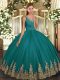 Stunning Turquoise Backless V-neck Appliques Quinceanera Dress Tulle Sleeveless