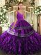 Enchanting Eggplant Purple Ball Gowns Organza V-neck Sleeveless Beading and Appliques and Ruffles Floor Length Lace Up Quinceanera Gown