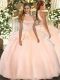 Peach Sleeveless Floor Length Beading and Ruffles Backless Quinceanera Gowns