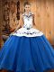 Wonderful Halter Top Sleeveless Quinceanera Dress Floor Length Embroidery Blue And White Satin and Tulle