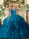 Decent Blue Sleeveless Fabric With Rolling Flowers Backless Ball Gown Prom Dress for Military Ball and Sweet 16 and Quinceanera