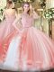 Floor Length Peach Vestidos de Quinceanera Tulle Sleeveless Beading and Ruffles