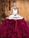 Vintage Fuchsia Lace Up Halter Top Embroidery and Ruffles Quinceanera Dresses Satin and Organza Sleeveless