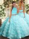 Exquisite Aqua Blue Halter Top Neckline Beading and Ruffled Layers Sweet 16 Quinceanera Dress Sleeveless Backless