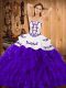 Vintage White And Purple Ball Gowns Embroidery and Ruffles Ball Gown Prom Dress Lace Up Satin and Organza Sleeveless Floor Length