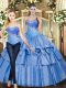 Baby Blue Ball Gowns Beading and Ruffled Layers 15th Birthday Dress Lace Up Tulle Sleeveless Floor Length