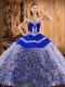 Beautiful Multi-color Ball Gowns Sweetheart Sleeveless Satin and Fabric With Rolling Flowers With Train Sweep Train Lace Up Embroidery Quinceanera Gown