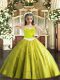 Sleeveless Tulle Floor Length Lace Up Little Girl Pageant Gowns in Yellow Green with Appliques
