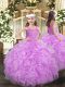 Best Floor Length Lace Up Girls Pageant Dresses Lilac for Party and Quinceanera with Beading and Ruffles