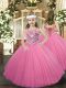 Rose Pink Sleeveless Tulle Lace Up Pageant Gowns for Party and Quinceanera
