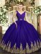 Tulle V-neck Sleeveless Backless Beading and Appliques Sweet 16 Dresses in Purple