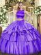 Purple Criss Cross High-neck Ruffled Layers Ball Gown Prom Dress Tulle Sleeveless