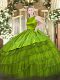Admirable Sleeveless Floor Length Embroidery and Ruffled Layers Lace Up Quinceanera Dress with Olive Green