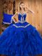 Extravagant Blue Ball Gowns Embroidery and Ruffles 15th Birthday Dress Lace Up Satin and Organza Sleeveless Floor Length