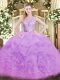 Hot Sale Lilac Ball Gowns Scoop Sleeveless Organza Floor Length Backless Lace and Ruffles 15 Quinceanera Dress