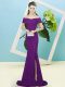 Customized Dark Purple Sequined Zipper Off The Shoulder Short Sleeves Homecoming Dress Sweep Train Sequins