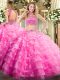 Rose Pink Backless High-neck Beading and Ruffled Layers Vestidos de Quinceanera Tulle Sleeveless