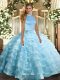 Modern Baby Blue Organza Backless Quinceanera Gowns Sleeveless Floor Length Beading and Ruffled Layers