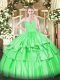 Green Quinceanera Gown Military Ball and Sweet 16 and Quinceanera with Ruffled Layers Spaghetti Straps Sleeveless Zipper
