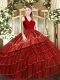 Wine Red Satin and Organza Zipper 15 Quinceanera Dress Sleeveless Floor Length Embroidery and Ruffled Layers