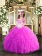 Fuchsia Ball Gowns Tulle Straps Sleeveless Beading and Ruffles Floor Length Lace Up Pageant Dress for Teens