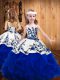 Royal Blue Organza Lace Up Straps Sleeveless Floor Length Little Girls Pageant Dress Embroidery and Ruffles