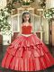 Coral Red Pageant Gowns For Girls Party and Quinceanera with Appliques and Ruffled Layers Straps Sleeveless Lace Up