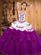 Strapless Sleeveless Quinceanera Gown Sweep Train Embroidery and Ruffled Layers Fuchsia Tulle