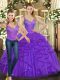 Comfortable Floor Length Lace Up Sweet 16 Quinceanera Dress Purple for Military Ball and Sweet 16 and Quinceanera with Beading and Ruffles