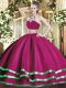 Sleeveless Tulle Floor Length Backless Quinceanera Dresses in Fuchsia with Beading