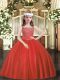 Red Ball Gowns Straps Sleeveless Tulle Floor Length Zipper Beading Little Girls Pageant Dress