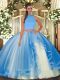 Sleeveless Tulle Floor Length Backless Sweet 16 Dress in Light Blue with Beading and Ruffles