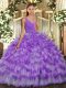 Sweet Lavender Sleeveless Floor Length Beading and Ruffled Layers Backless Quince Ball Gowns