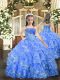 Baby Blue Sleeveless Floor Length Beading and Ruffled Layers Lace Up Pageant Gowns For Girls