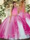 Chic Hot Pink Two Pieces Tulle Halter Top Sleeveless Beading and Ruffles Floor Length Backless Sweet 16 Dress