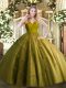 Deluxe Tulle V-neck Sleeveless Zipper Beading Vestidos de Quinceanera in Olive Green