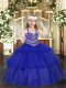 Floor Length Royal Blue Little Girl Pageant Dress Organza Sleeveless Beading and Ruffled Layers